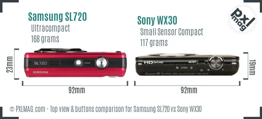 Samsung SL720 vs Sony WX30 top view buttons comparison Samsung SL720 vs Sony WX30 top view buttons comparison