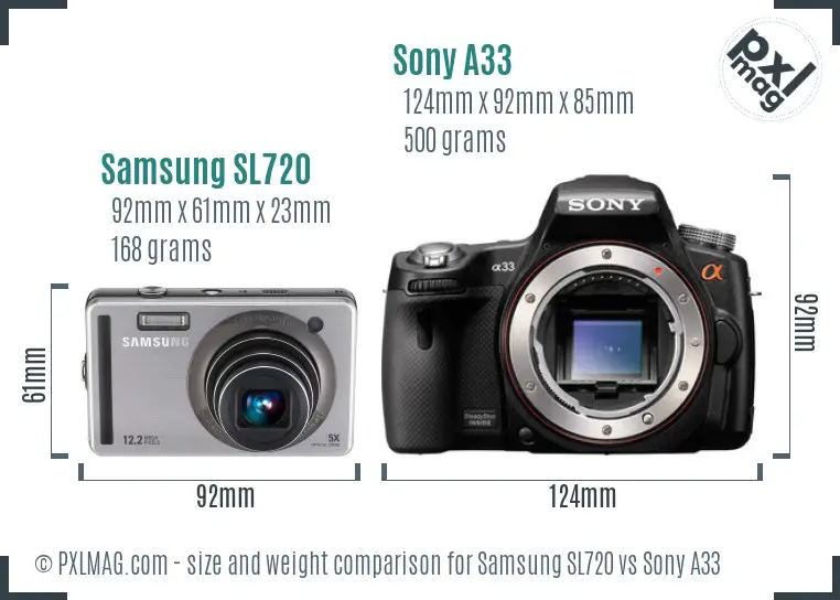 Samsung SL720 vs Sony A33 size comparison