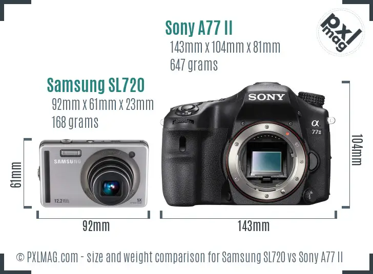 Samsung SL720 vs Sony A77 II size comparison