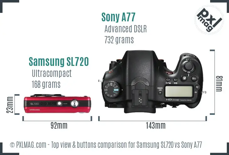 Samsung SL720 vs Sony A77 top view buttons comparison Samsung SL720 vs Sony A77 top view buttons comparison