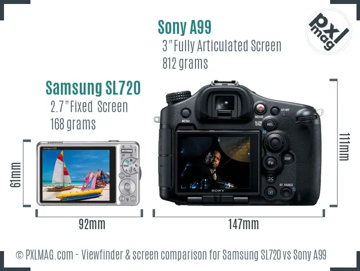 Samsung SL720 vs Sony A99 Screen and Viewfinder comparison