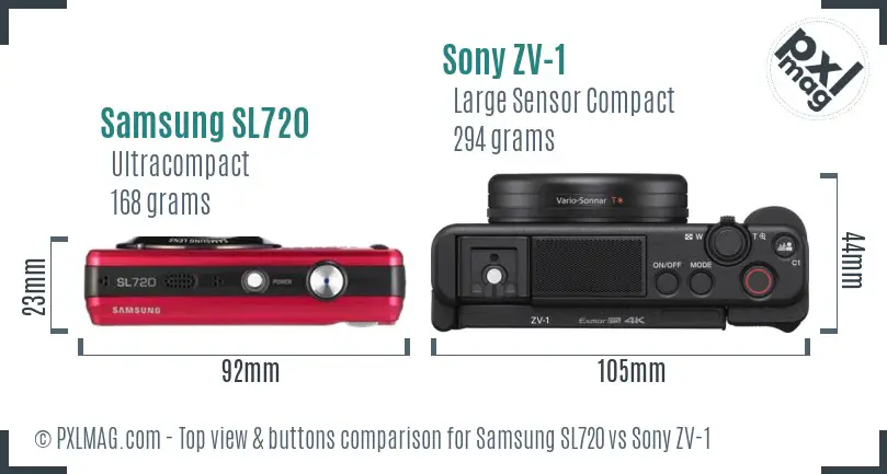 Samsung SL720 vs Sony ZV-1 top view buttons comparison Samsung SL720 vs Sony ZV-1 top view buttons comparison
