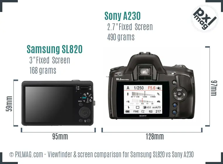 Samsung SL820 vs Sony A230 Screen and Viewfinder comparison