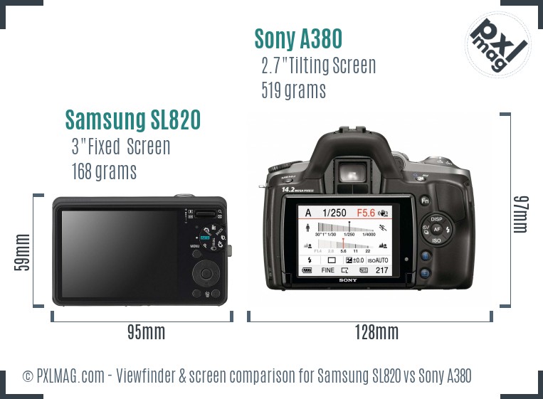 Samsung SL820 vs Sony A380 Screen and Viewfinder comparison