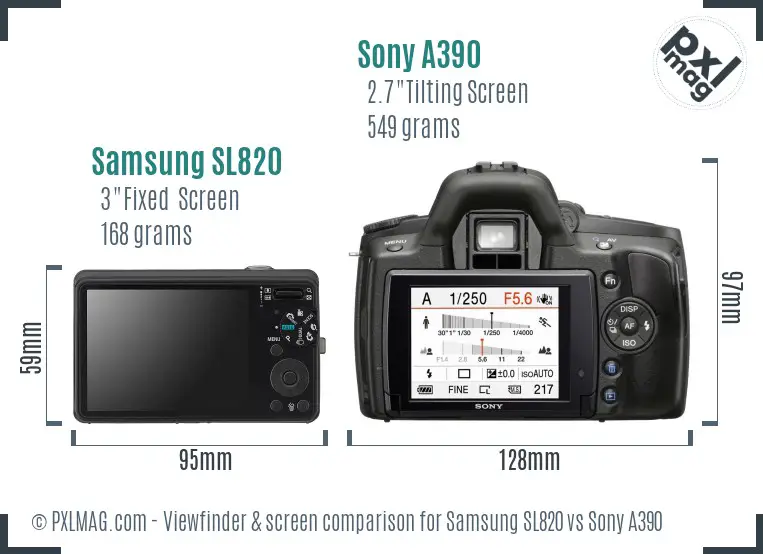 Samsung SL820 vs Sony A390 Screen and Viewfinder comparison