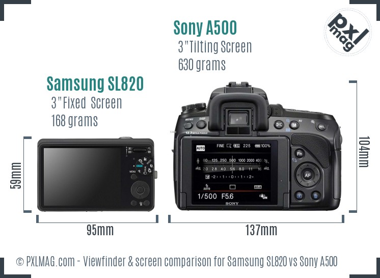 Samsung SL820 vs Sony A500 Screen and Viewfinder comparison