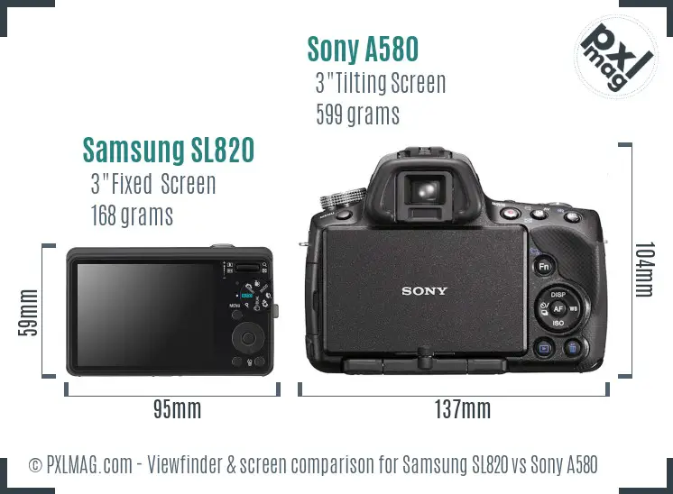 Samsung SL820 vs Sony A580 Screen and Viewfinder comparison