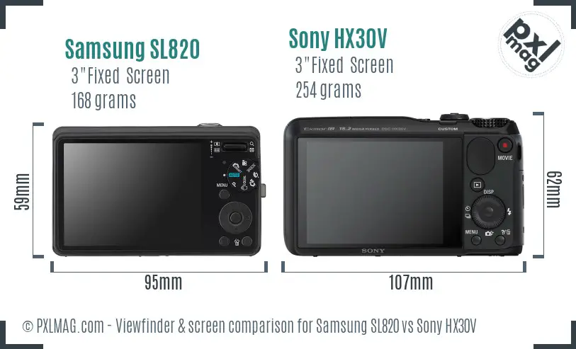 Samsung SL820 vs Sony HX30V Screen and Viewfinder comparison