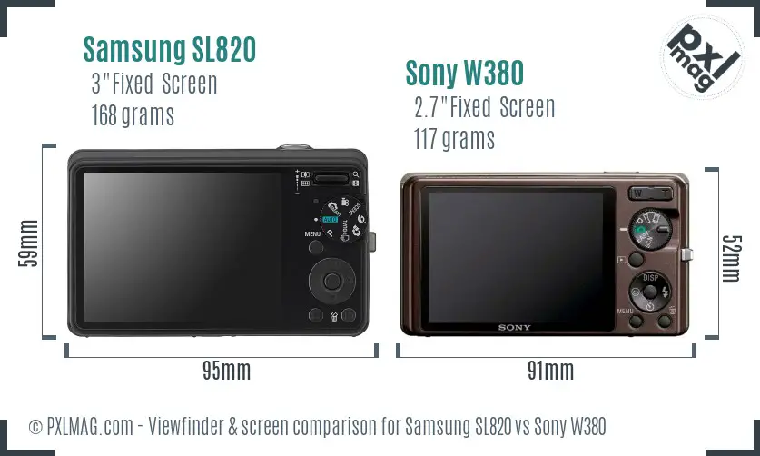 Samsung SL820 vs Sony W380 Screen and Viewfinder comparison