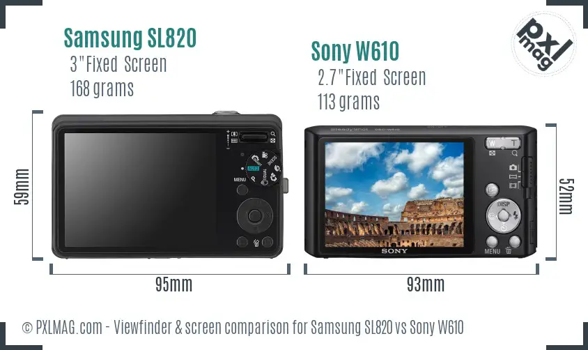 Samsung SL820 vs Sony W610 Screen and Viewfinder comparison