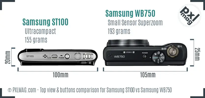 Samsung ST100 vs Samsung WB750 top view buttons comparison
