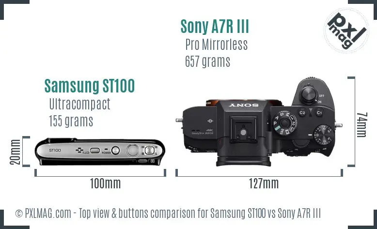 Samsung ST100 vs Sony A7R III top view buttons comparison Samsung ST100 vs Sony A7R III top view buttons comparison