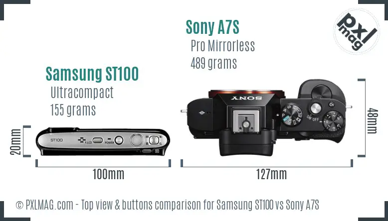 Samsung ST100 vs Sony A7S top view buttons comparison