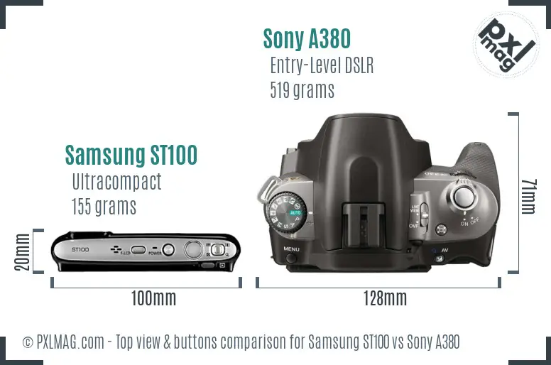 Samsung ST100 vs Sony A380 top view buttons comparison Samsung ST100 vs Sony A380 top view buttons comparison