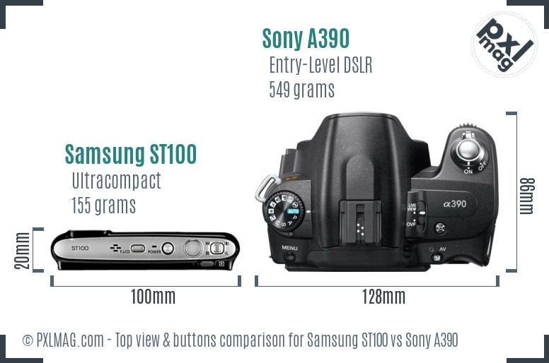 Samsung ST100 vs Sony A390 top view buttons comparison