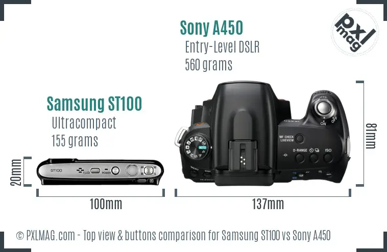 Samsung ST100 vs Sony A450 top view buttons comparison Samsung ST100 vs Sony A450 top view buttons comparison