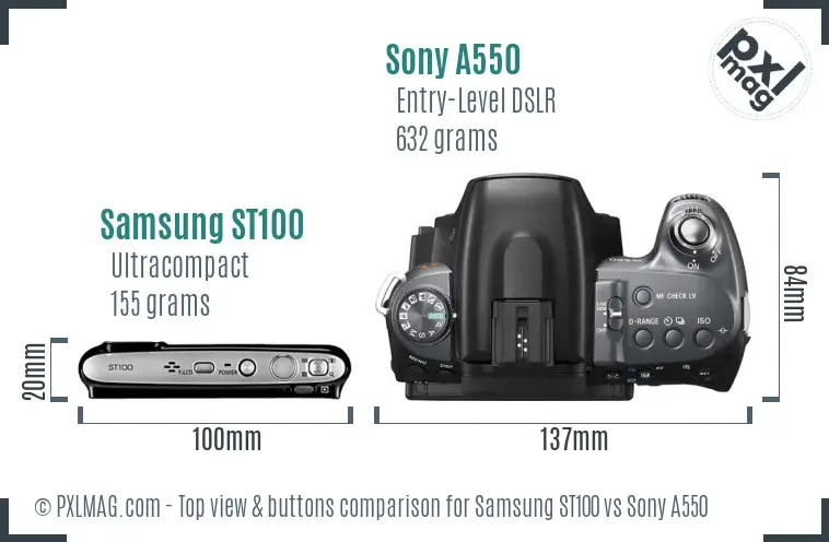 Samsung ST100 vs Sony A550 top view buttons comparison Samsung ST100 vs Sony A550 top view buttons comparison