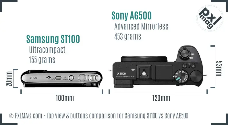 Samsung ST100 vs Sony A6500 top view buttons comparison Samsung ST100 vs Sony A6500 top view buttons comparison