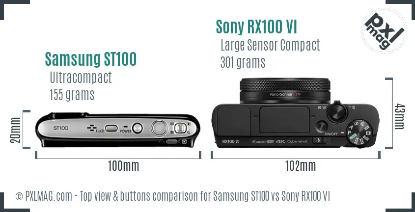 Samsung ST100 vs Sony RX100 VI top view buttons comparison