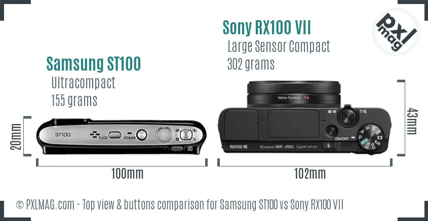 Samsung ST100 vs Sony RX100 VII top view buttons comparison