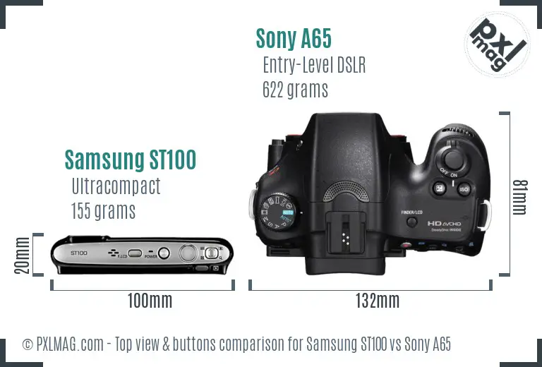 Samsung ST100 vs Sony A65 top view buttons comparison