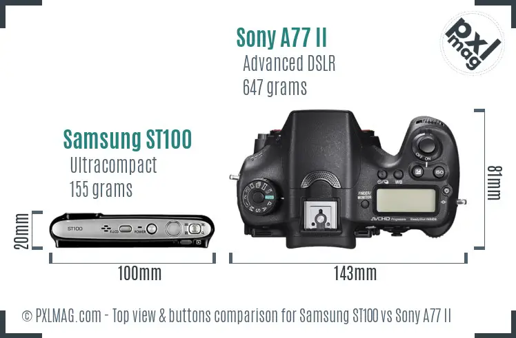 Samsung ST100 vs Sony A77 II top view buttons comparison Samsung ST100 vs Sony A77 II top view buttons comparison
