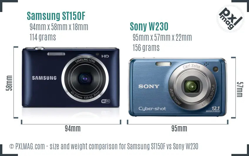 Samsung ST150F vs Sony W230 size comparison