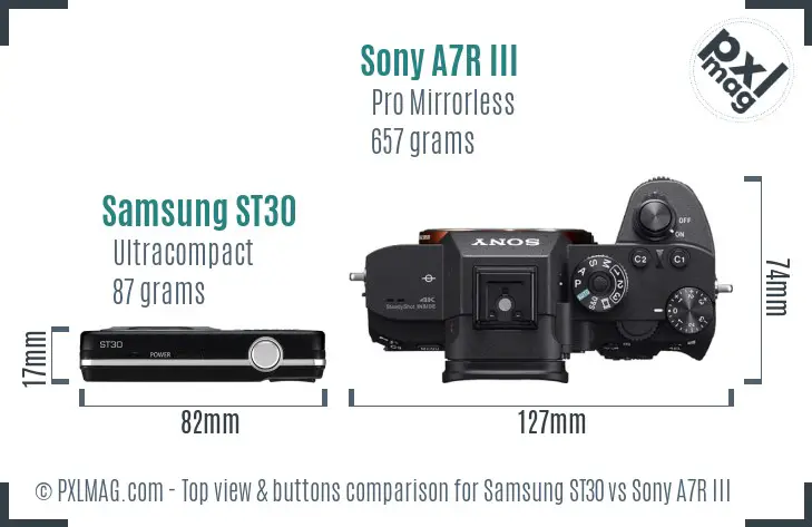 Samsung ST30 vs Sony A7R III top view buttons comparison Samsung ST30 vs Sony A7R III top view buttons comparison