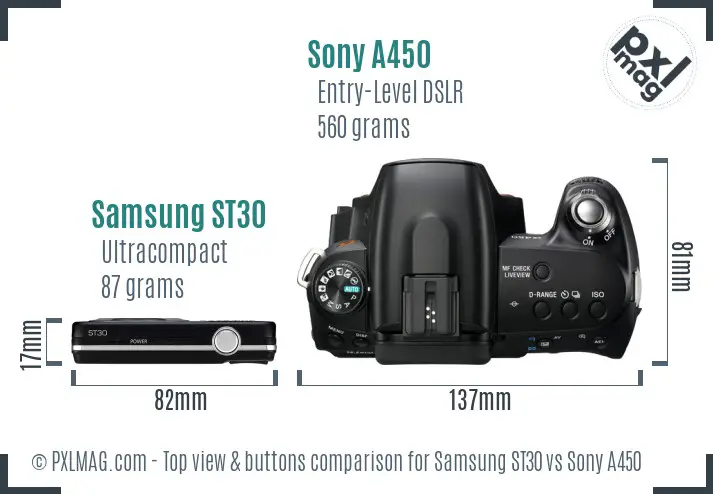 Samsung ST30 vs Sony A450 top view buttons comparison Samsung ST30 vs Sony A450 top view buttons comparison