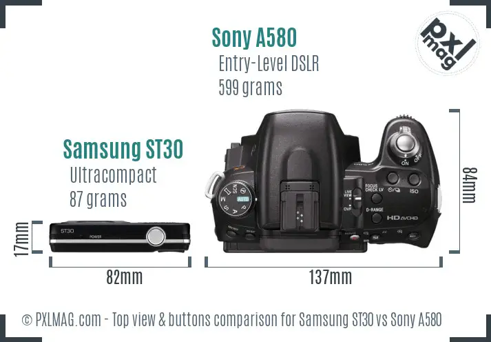 Samsung ST30 vs Sony A580 top view buttons comparison Samsung ST30 vs Sony A580 top view buttons comparison