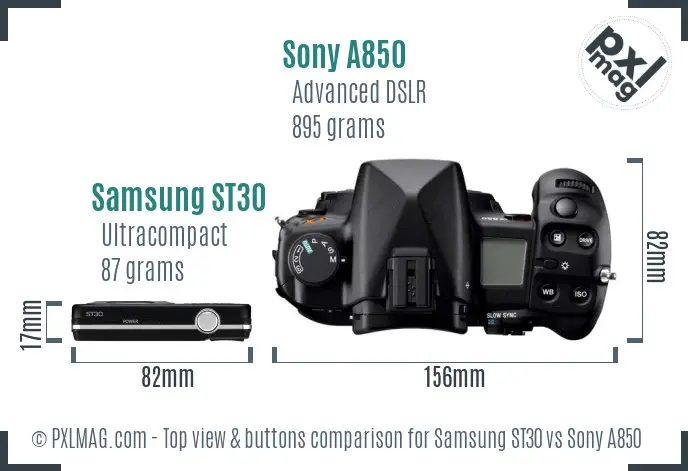 Samsung ST30 vs Sony A850 top view buttons comparison Samsung ST30 vs Sony A850 top view buttons comparison