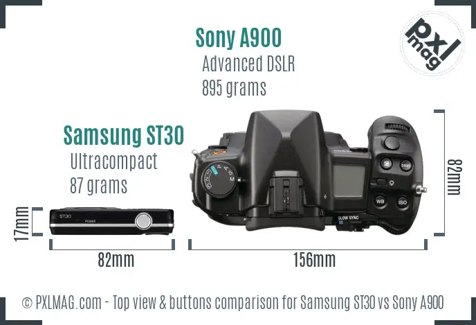Samsung ST30 vs Sony A900 top view buttons comparison Samsung ST30 vs Sony A900 top view buttons comparison
