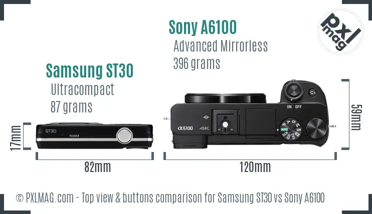 Samsung ST30 vs Sony A6100 top view buttons comparison Samsung ST30 vs Sony A6100 top view buttons comparison