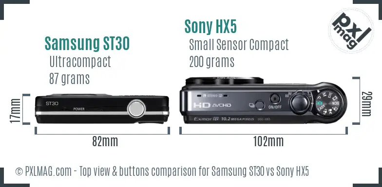 Samsung ST30 vs Sony HX5 top view buttons comparison Samsung ST30 vs Sony HX5 top view buttons comparison