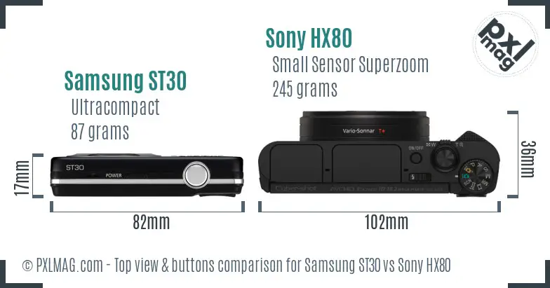 Samsung ST30 vs Sony HX80 top view buttons comparison Samsung ST30 vs Sony HX80 top view buttons comparison