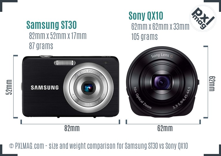 Samsung ST30 vs Sony QX10 size comparison