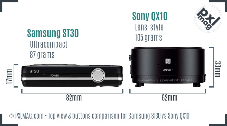 Samsung ST30 vs Sony QX10 top view buttons comparison