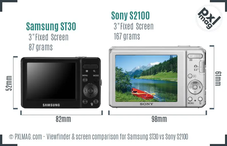 Samsung ST30 vs Sony S2100 Screen and Viewfinder comparison