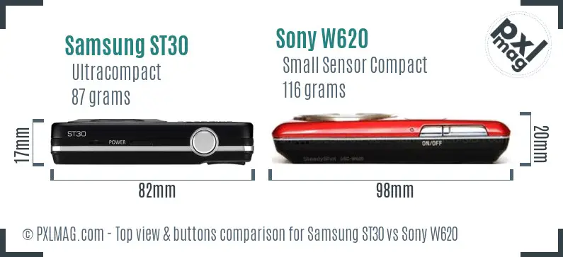 Samsung ST30 vs Sony W620 top view buttons comparison Samsung ST30 vs Sony W620 top view buttons comparison