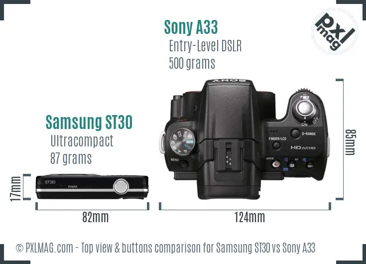 Samsung ST30 vs Sony A33 top view buttons comparison Samsung ST30 vs Sony A33 top view buttons comparison