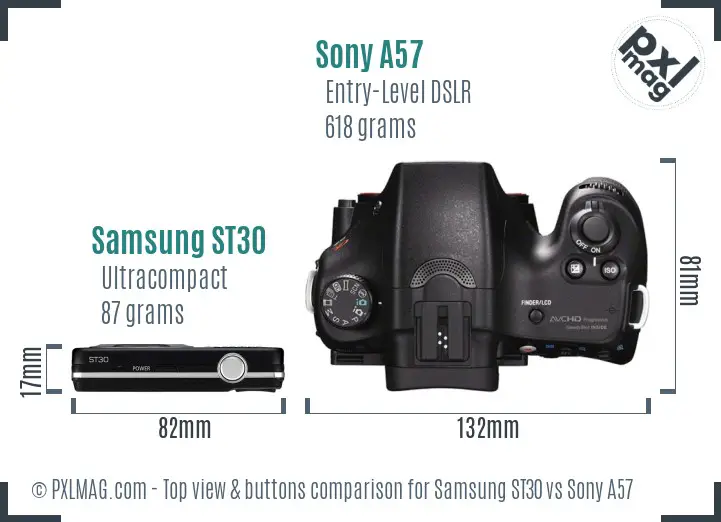 Samsung ST30 vs Sony A57 top view buttons comparison Samsung ST30 vs Sony A57 top view buttons comparison