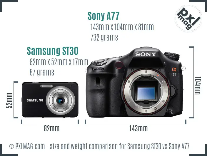 Samsung ST30 vs Sony A77 size comparison