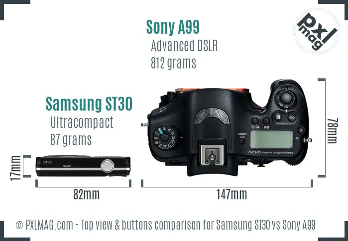 Samsung ST30 vs Sony A99 top view buttons comparison Samsung ST30 vs Sony A99 top view buttons comparison