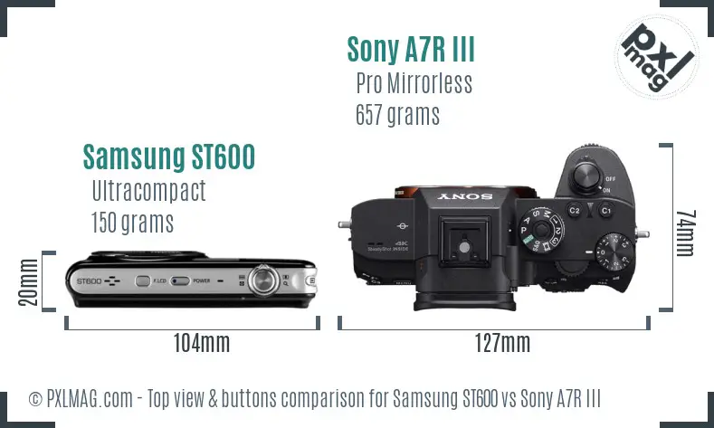 Samsung ST600 vs Sony A7R III top view buttons comparison Samsung ST600 vs Sony A7R III top view buttons comparison