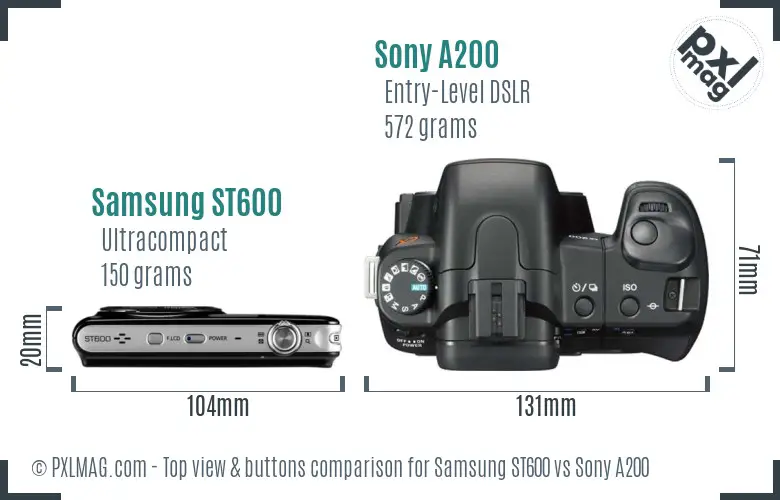 Samsung ST600 vs Sony A200 top view buttons comparison Samsung ST600 vs Sony A200 top view buttons comparison