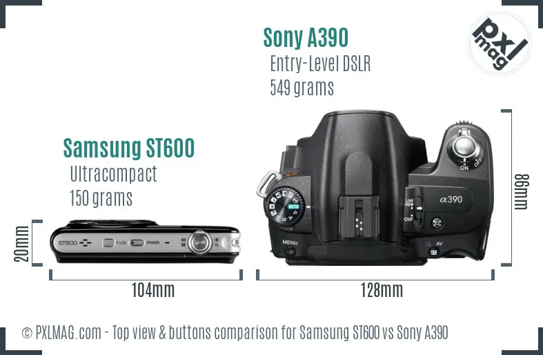 Samsung ST600 vs Sony A390 top view buttons comparison