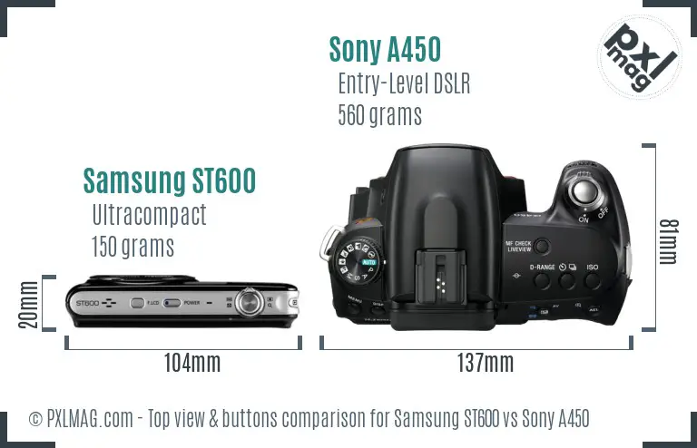 Samsung ST600 vs Sony A450 top view buttons comparison Samsung ST600 vs Sony A450 top view buttons comparison