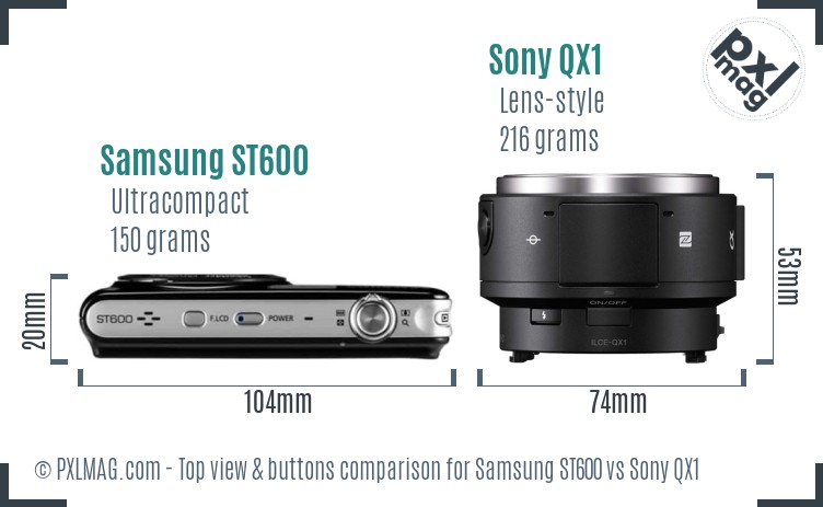 Samsung ST600 vs Sony QX1 top view buttons comparison