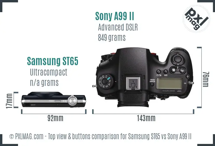 Samsung ST65 vs Sony A99 II top view buttons comparison Samsung ST65 vs Sony A99 II top view buttons comparison