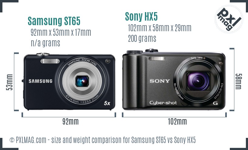 Samsung ST65 vs Sony HX5 size comparison